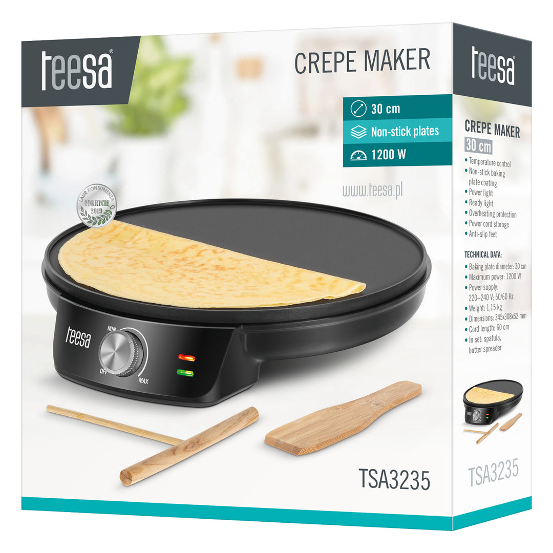 Crepera Teesa, sartén eléctrica para crepes, diámetro de la placa 30 cm, potencia 1200 W, TSA3235