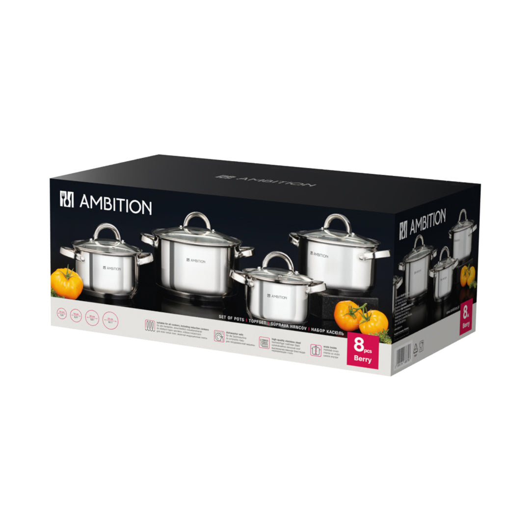 Juego de ollas Ambition, acero inoxidable, 8 piezas, fondo grueso, Berry