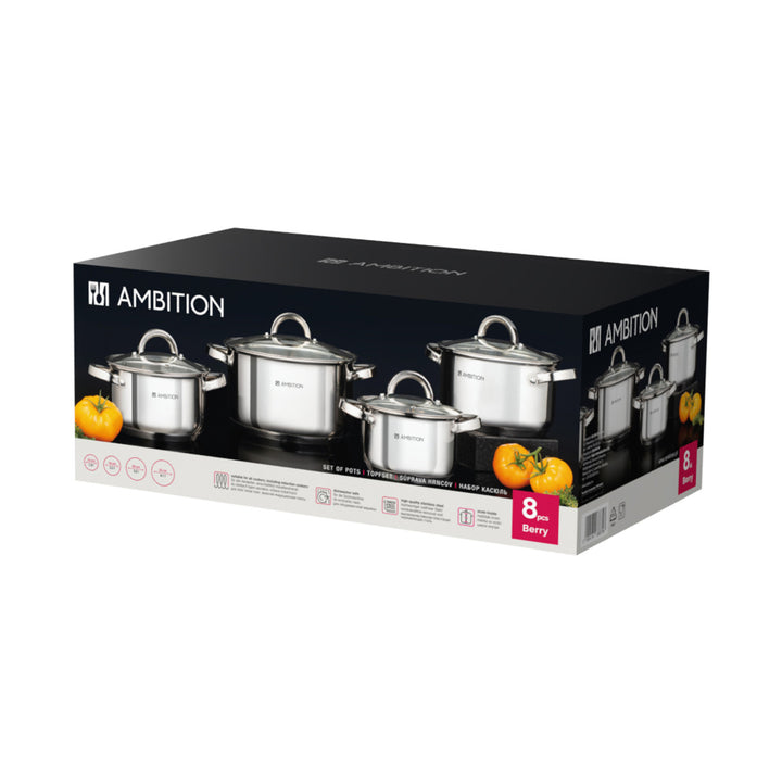 Juego de ollas Ambition, acero inoxidable, 8 piezas, fondo grueso, Berry