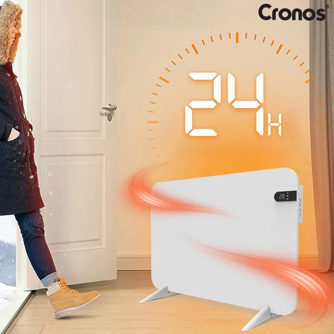 Radiador eléctrico Cronos, color blanco, potencia 450 W, calienta habitaciones de hasta 14 m², termostato integrado, control por mando a distancia, función de detección de ventanas abiertas, patas incluidas, WFH-450TW.