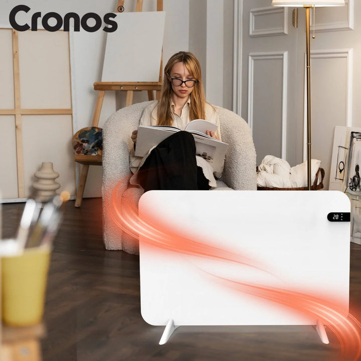 Radiador eléctrico Cronos, color blanco, potencia 450 W, calienta habitaciones de hasta 14 m², termostato integrado, control por mando a distancia, función de detección de ventanas abiertas, patas incluidas, WFH-450TW.