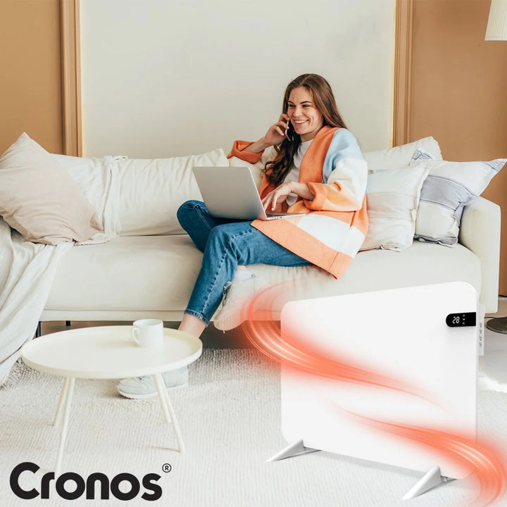 Radiador eléctrico Cronos, color blanco, potencia 450 W, calienta habitaciones de hasta 14 m², termostato integrado, control por mando a distancia, función de detección de ventanas abiertas, patas incluidas, WFH-450TW.