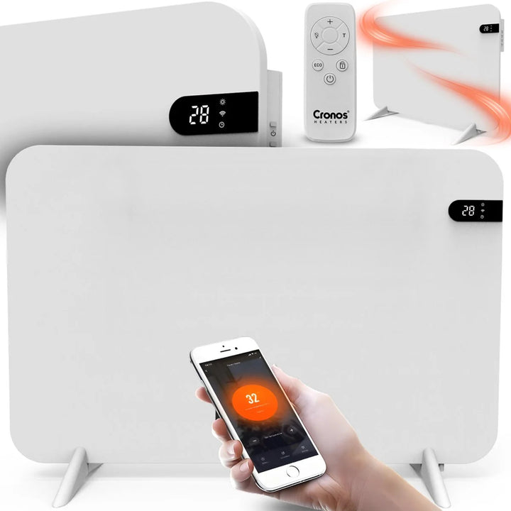 Radiador eléctrico Cronos, color blanco, potencia 450 W, calienta habitaciones de hasta 14 m², termostato integrado, control por mando a distancia, función de detección de ventanas abiertas, patas incluidas, WFH-450TW.