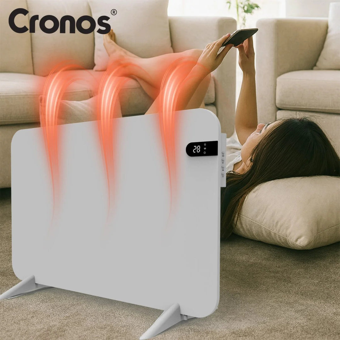 Radiador eléctrico Cronos, color blanco, potencia 450 W, calienta habitaciones de hasta 14 m², termostato integrado, control por mando a distancia, función de detección de ventanas abiertas, patas incluidas, WFH-450TW.
