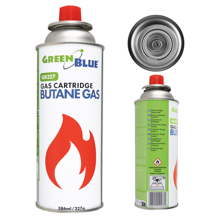 Cartucho de gas GreenBlue de 227 g. Certificado: Pi 0875, conforme a la norma EN 417, butano, rango de temperatura de funcionamiento: de -10 °C a +40 °C, GB227