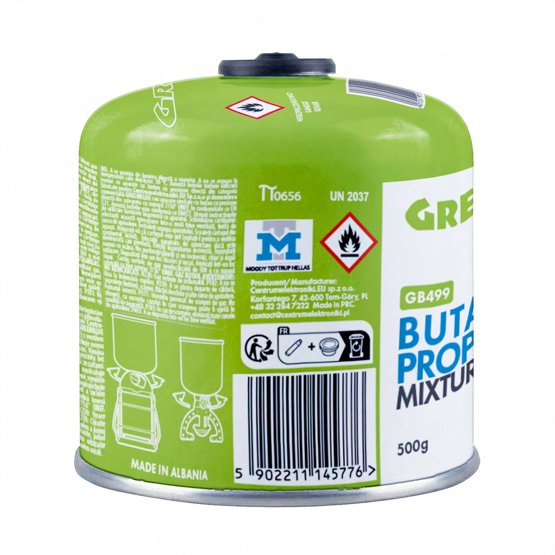 Cartucho de gas de 500 g GreenBlue. Certificado: Pi 0437, conforme a la norma EN 417, butano-propano, rango de temperatura de -10 °C a +40 °C, válvula roscada de 7/16'' GB499