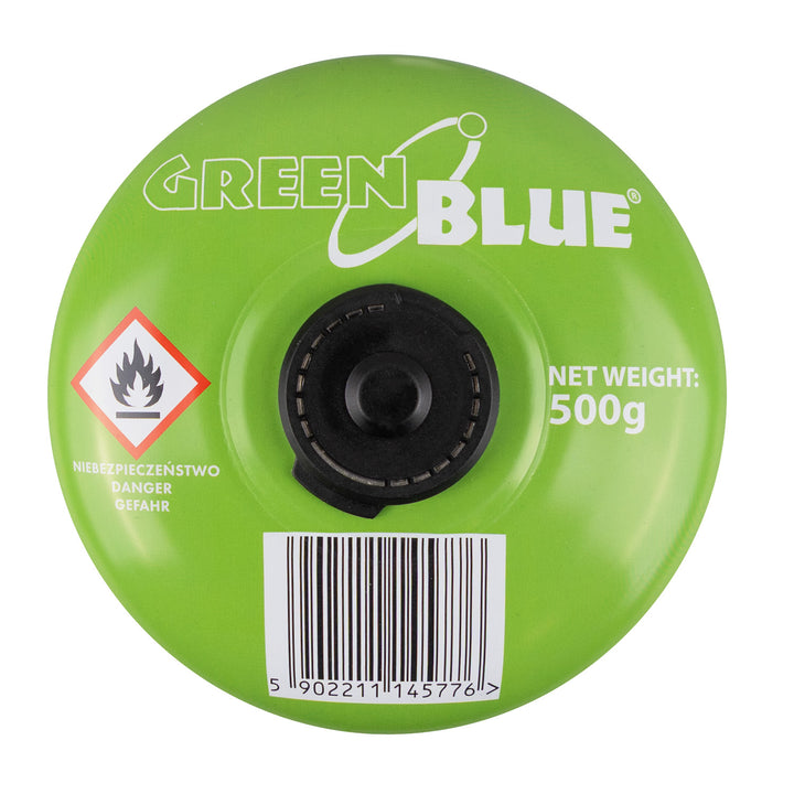 Cartucho de gas de 500 g GreenBlue. Certificado: Pi 0437, conforme a la norma EN 417, butano-propano, rango de temperatura de -10 °C a +40 °C, válvula roscada de 7/16'' GB499
