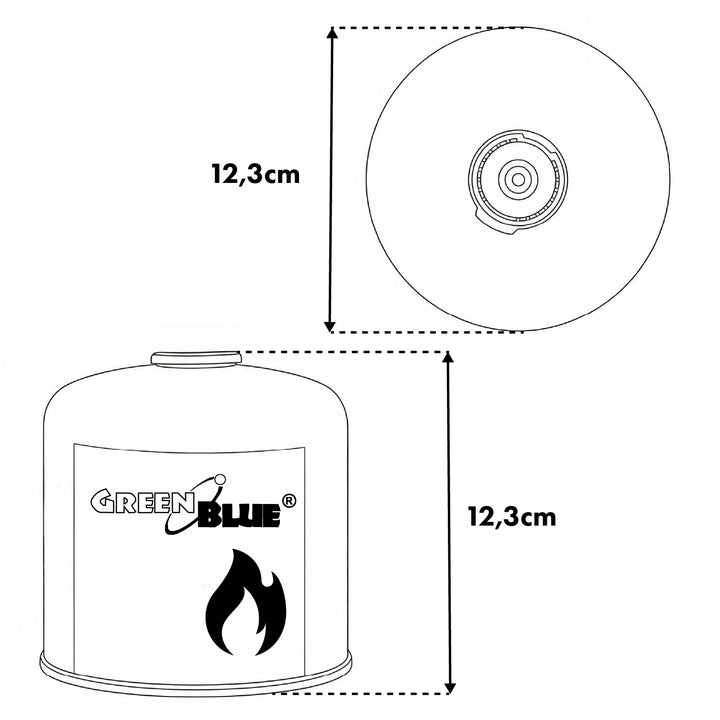 Cartucho de gas de 500 g GreenBlue. Certificado: Pi 0437, conforme a la norma EN 417, butano-propano, rango de temperatura de -10 °C a +40 °C, válvula roscada de 7/16'' GB499
