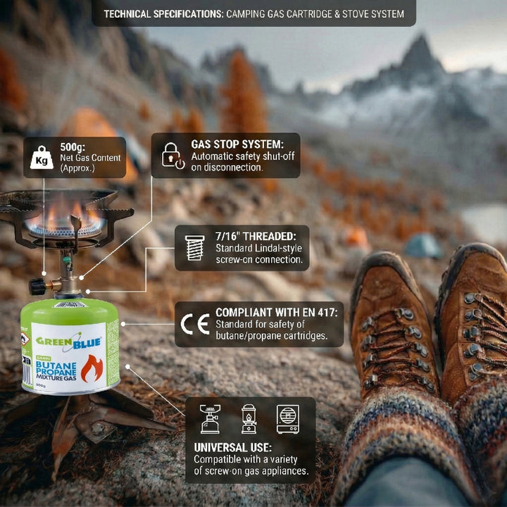 Cartucho de gas de 500 g GreenBlue. Certificado: Pi 0437, conforme a la norma EN 417, butano-propano, rango de temperatura de -10 °C a +40 °C, válvula roscada de 7/16'' GB499
