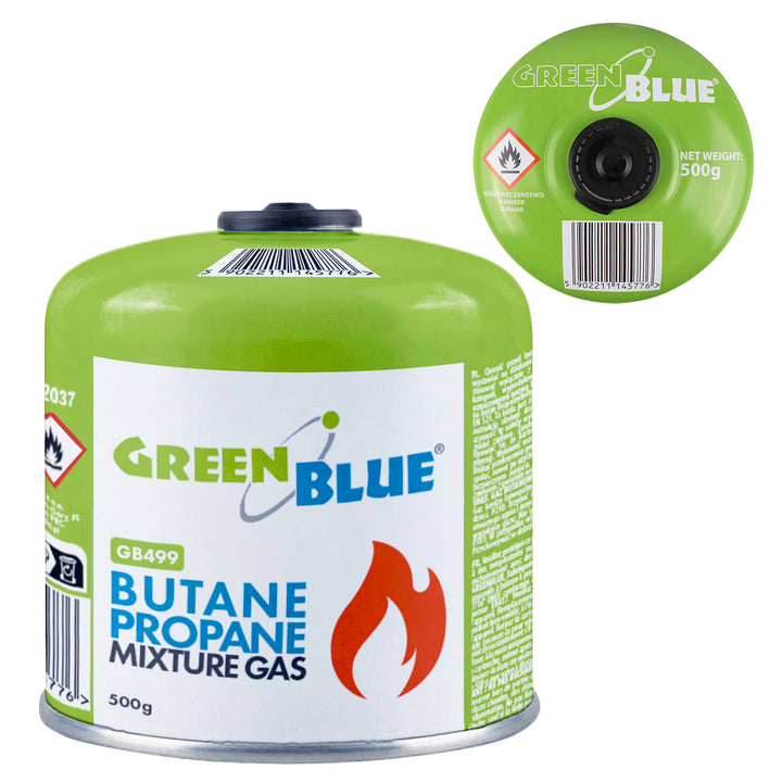 Cartucho de gas de 500 g GreenBlue. Certificado: Pi 0437, conforme a la norma EN 417, butano-propano, rango de temperatura de -10 °C a +40 °C, válvula roscada de 7/16'' GB499
