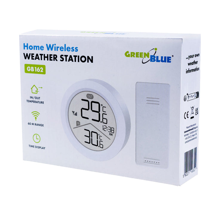 Estación meteorológica inalámbrica GreenBlue, temperatura IN/OUT, reloj, selección °C / °F, alcance hasta 60 m, GB162, 4 pilas AAA