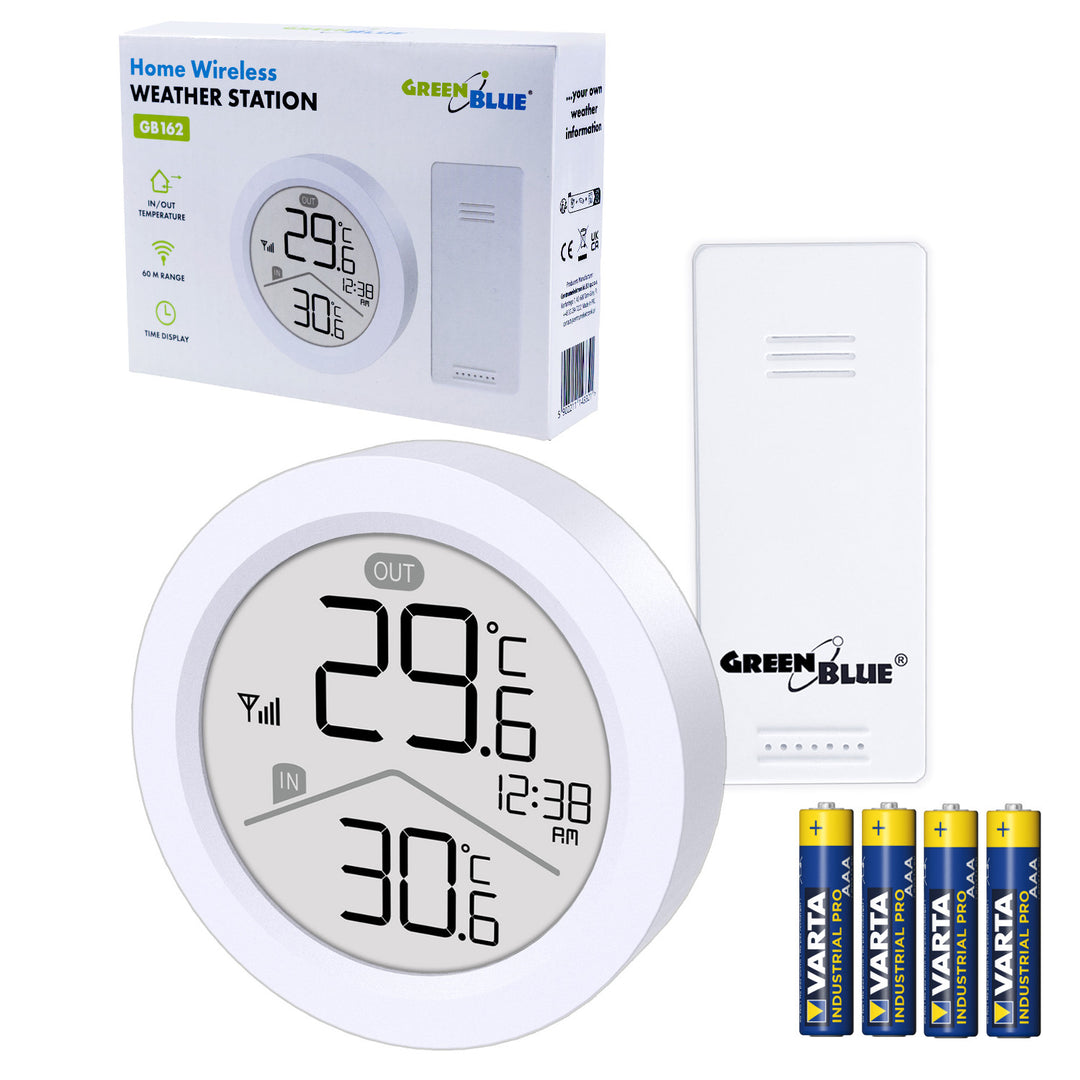 Estación meteorológica inalámbrica GreenBlue, temperatura IN/OUT, reloj, selección °C / °F, alcance hasta 60 m, GB162, 4 pilas AAA