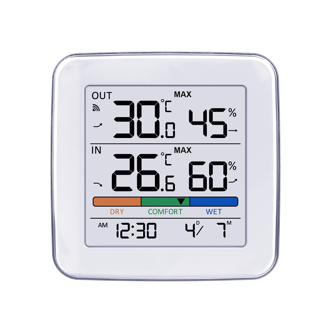 Estación meteorológica inalámbrica GreenBlue, temperatura + humedad IN/OUT, reloj + alarma + fecha, selección °C / °F, alcance hasta 60 m, GB169, 4 pilas AAA