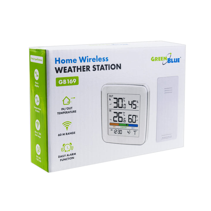 Estación meteorológica inalámbrica GreenBlue, temperatura + humedad IN/OUT, reloj + alarma + fecha, selección °C / °F, alcance hasta 60 m, GB169, 4 pilas AAA