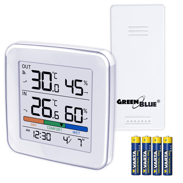 Estación meteorológica inalámbrica GreenBlue, temperatura + humedad IN/OUT, reloj + alarma + fecha, selección °C / °F, alcance hasta 60 m, GB169, 4 pilas AAA