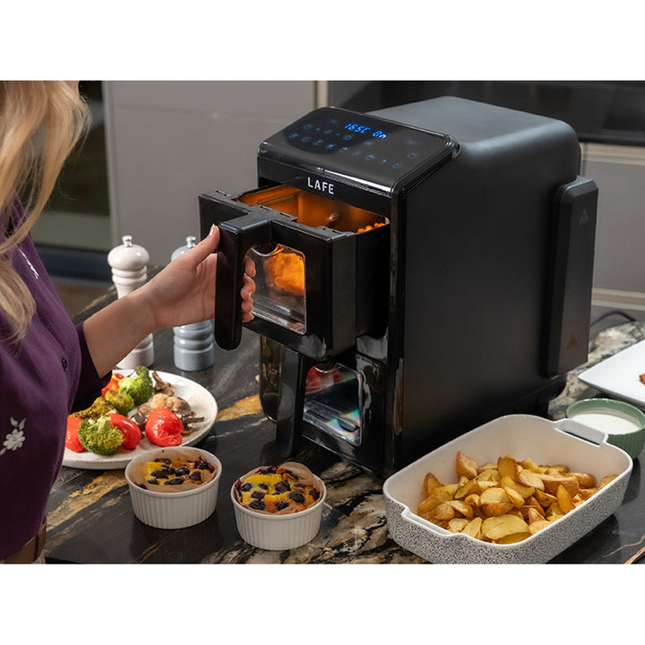Freidora sin aceite LAFE, freidora de aire, 2 compartimentos de 5 l, potencia de 2460 W, pantalla LCD, Dual Fry