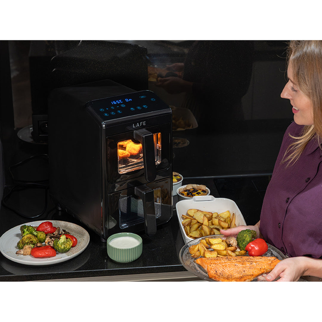 Freidora sin aceite LAFE, freidora de aire, 2 compartimentos de 5 l, potencia de 2460 W, pantalla LCD, Dual Fry