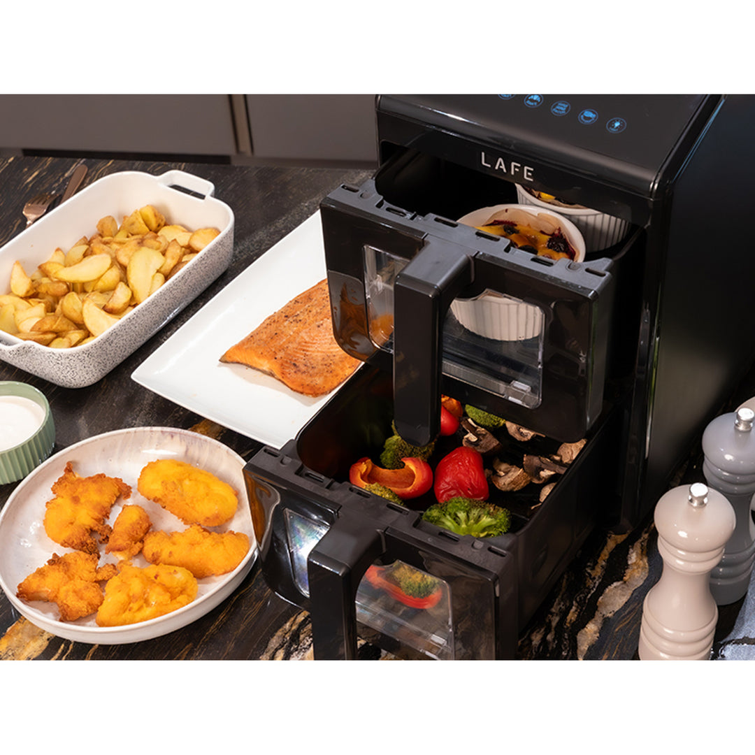 Freidora sin aceite LAFE, freidora de aire, 2 compartimentos de 5 l, potencia de 2460 W, pantalla LCD, Dual Fry
