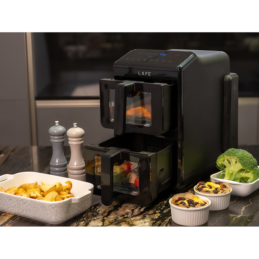 Freidora sin aceite LAFE, freidora de aire, 2 compartimentos de 5 l, potencia de 2460 W, pantalla LCD, Dual Fry