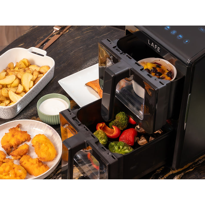 Freidora sin aceite LAFE, freidora de aire, 2 compartimentos de 5 l, potencia de 2460 W, pantalla LCD, Dual Fry