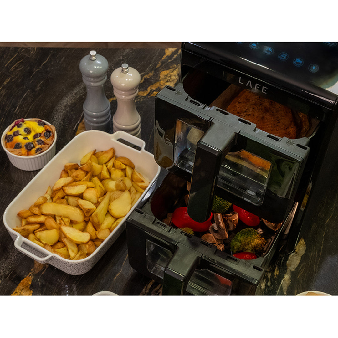 Freidora sin aceite LAFE, freidora de aire, 2 compartimentos de 5 l, potencia de 2460 W, pantalla LCD, Dual Fry