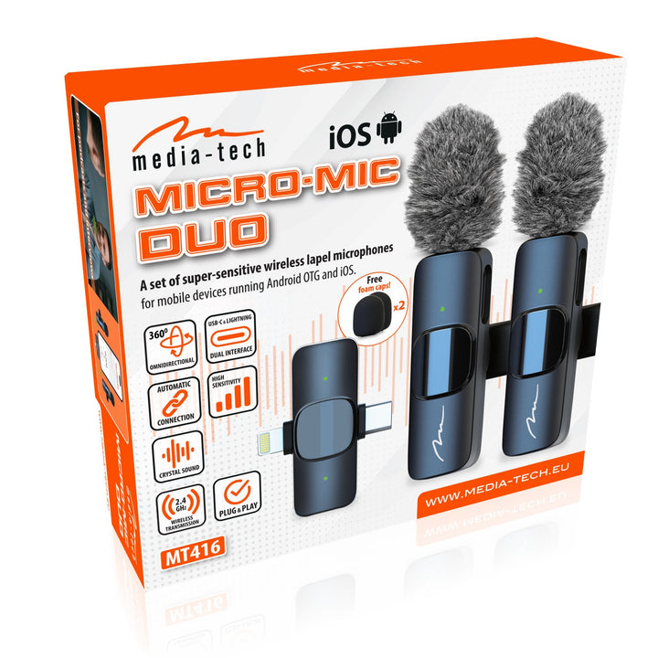 MICRO-MIC DUO: 2 micrófonos inalámbricos de solapa (juego), con clip, iOS y Android (OTG), mini, supersensibles. USB-C y LIGHTNING, Mediatech.