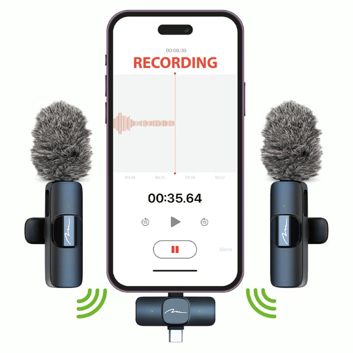 MICRO-MIC DUO: 2 micrófonos inalámbricos de solapa (juego), con clip, iOS y Android (OTG), mini, supersensibles. USB-C y LIGHTNING, Mediatech.