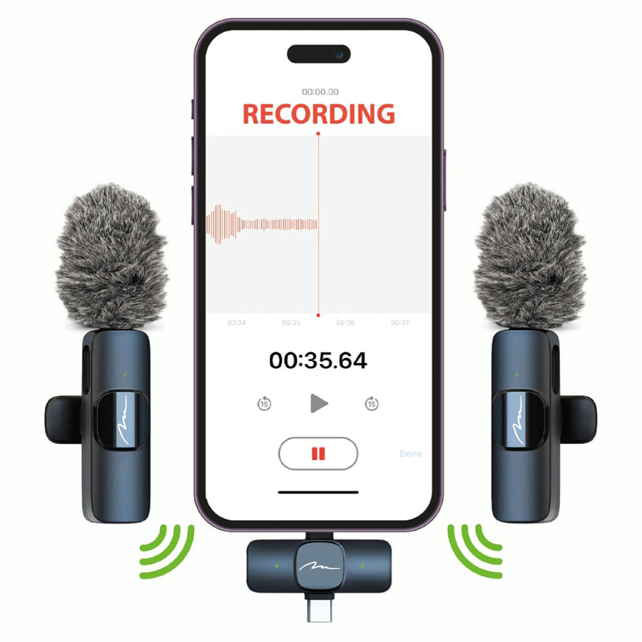 MICRO-MIC DUO: 2 micrófonos inalámbricos de solapa (juego), con clip, iOS y Android (OTG), mini, supersensibles. USB-C y LIGHTNING, Mediatech.