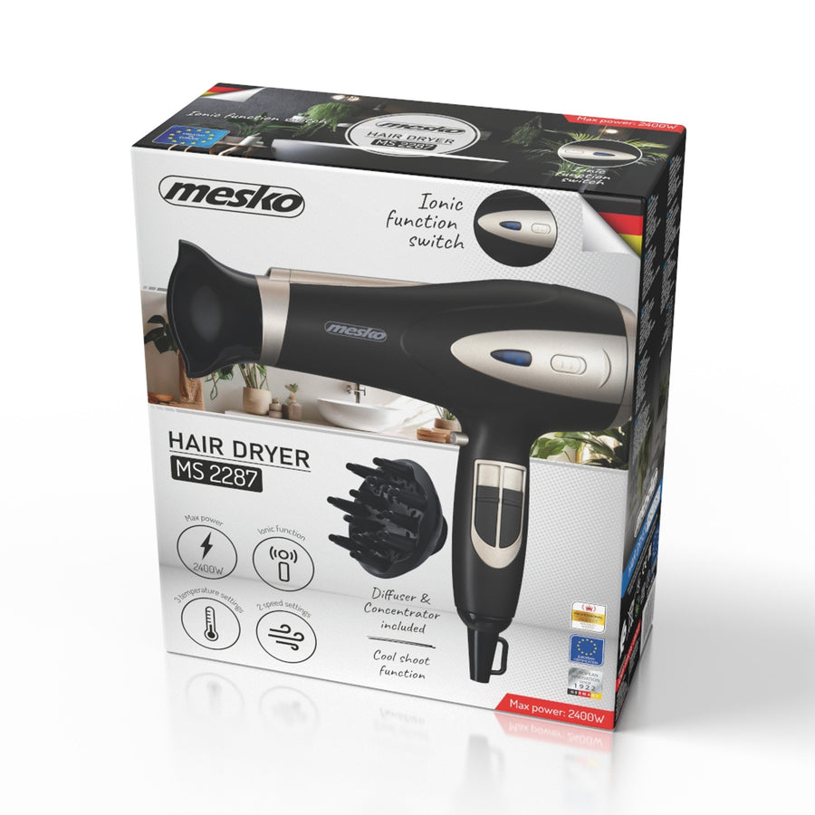 Secador de pelo Mesko, función de ionización, difusor, potencia 2200 W, negro, MS 2287
