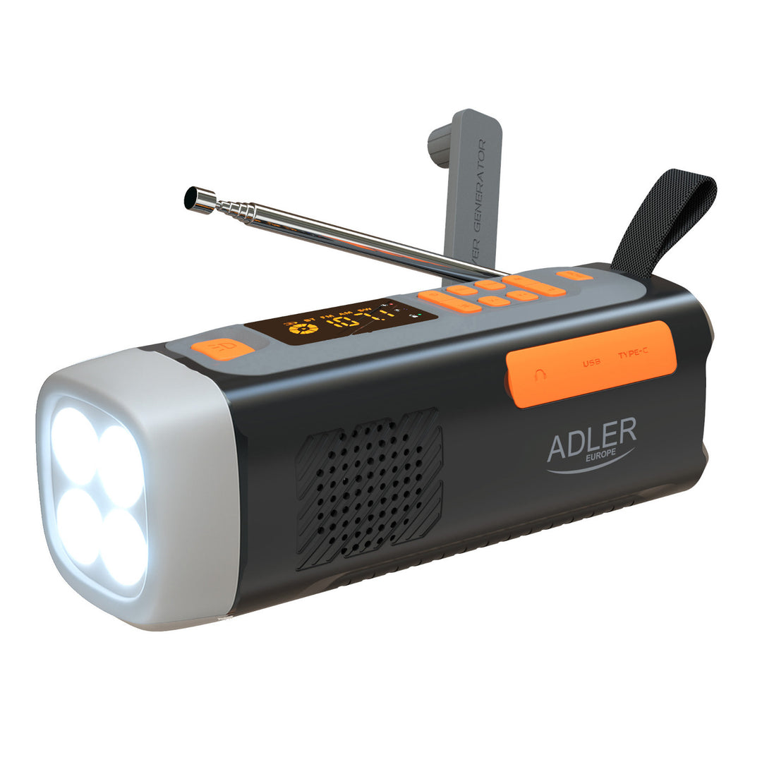 Radio de emergencia Adler, con panel solar, manivela y batería externa, Bluetooth 5.0, linterna LED de 4 W, 4500 mAh, AD 1920