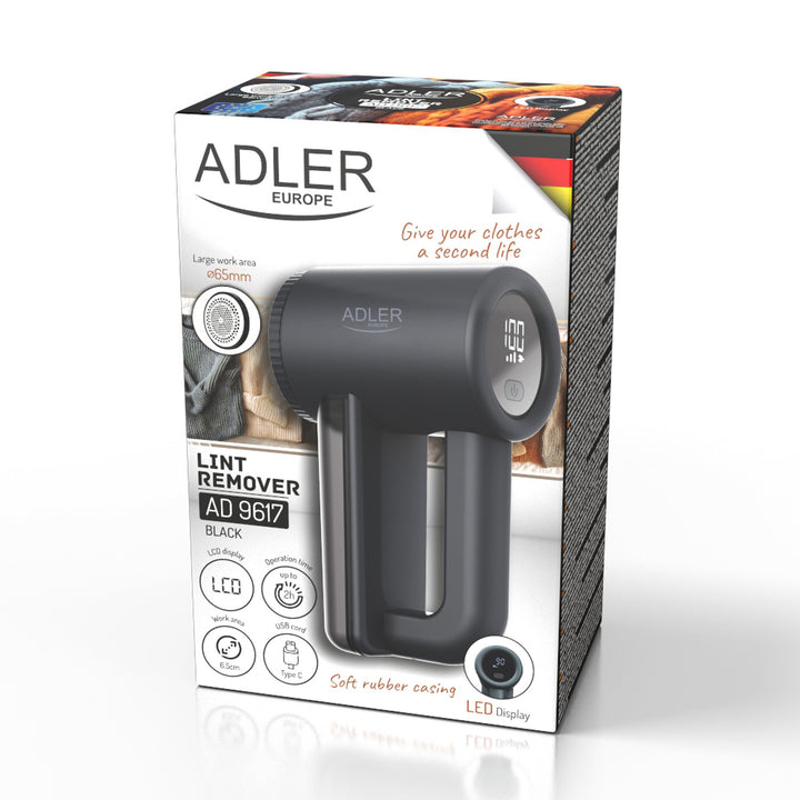 Afeitadora para tejidos Adler, pantalla LCD, 3 velocidades de funcionamiento, negra, AD 9617 black