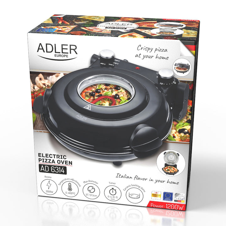 Horno para pizza Adler, regulación de temperatura hasta 400 °C, piedra cerámica, dos resistencias, AD 6314