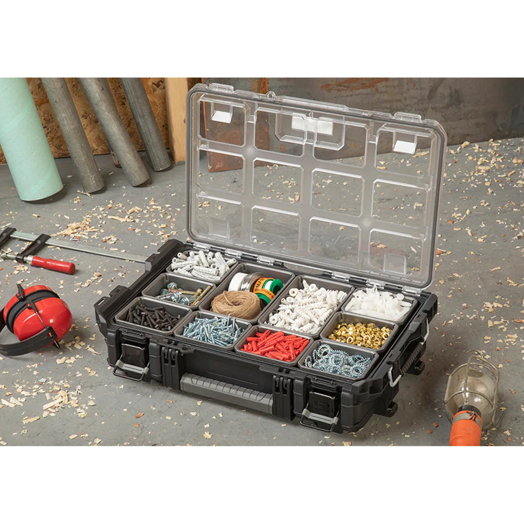 Organizador de herramientas Keter ROC Pro Gear 1.0, capacidad de más de 13 litros, tapa transparente y resistente, junta de protección contra el polvo y el agua, cierres metálicos, 257190