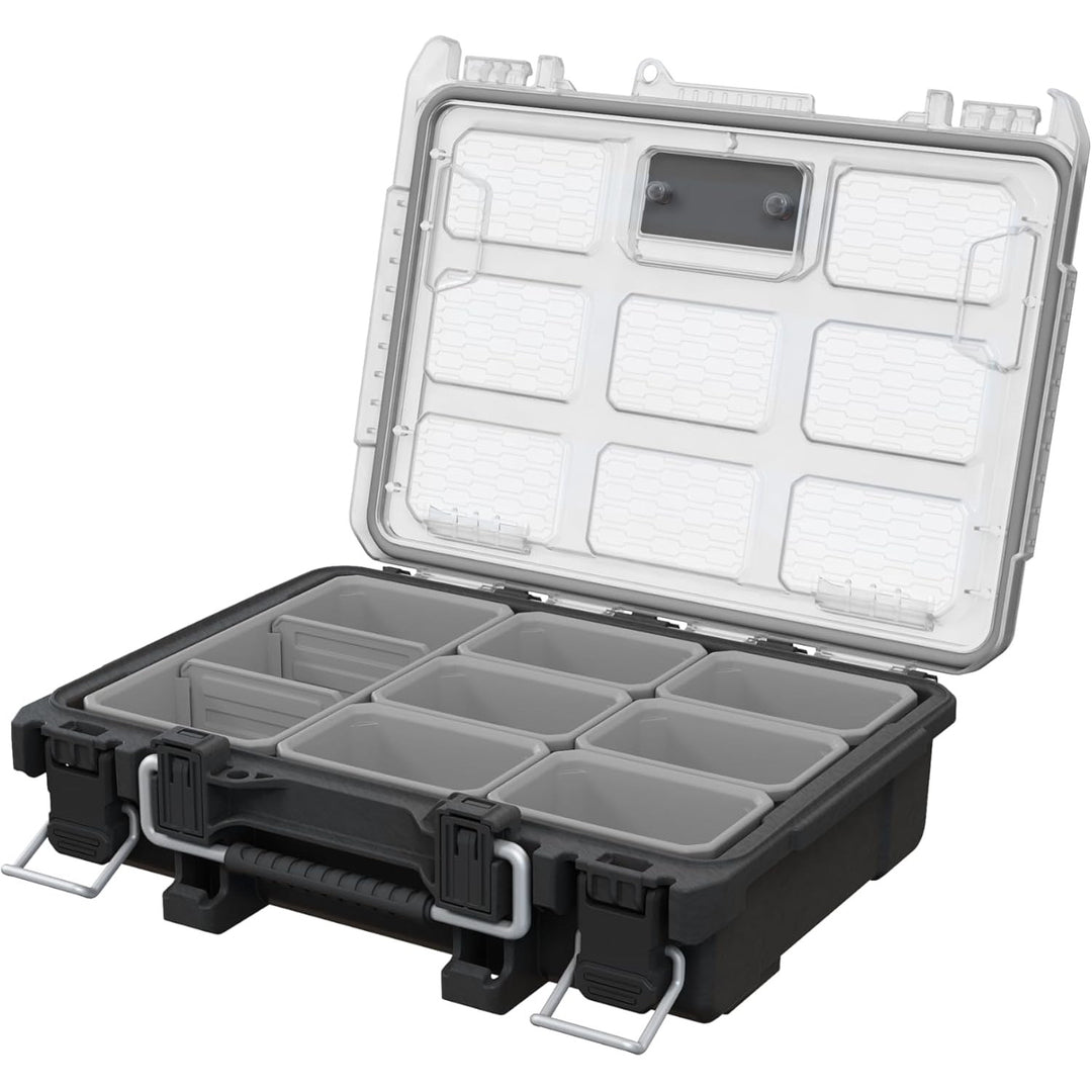 Organizador de herramientas Keter ROC Pro Gear 2.0, soporte para montaje en pared, tapa transparente y resistente, junta de protección contra el polvo y el agua, cierres metálicos, 256983
