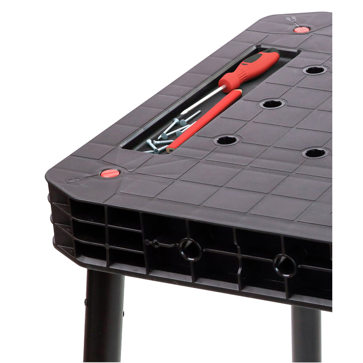 Mesa de trabajo Keter Ultimate, plegable, capacidad de carga de hasta 453 kg, montaje en 30 segundos, amplio espacio de trabajo con orificios de 3/4 pulgadas, portátil, 262936
