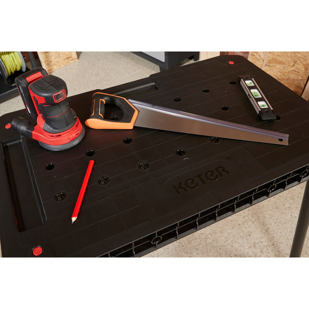 Mesa de trabajo Keter Ultimate, plegable, capacidad de carga de hasta 453 kg, montaje en 30 segundos, amplio espacio de trabajo con orificios de 3/4 pulgadas, portátil, 262936