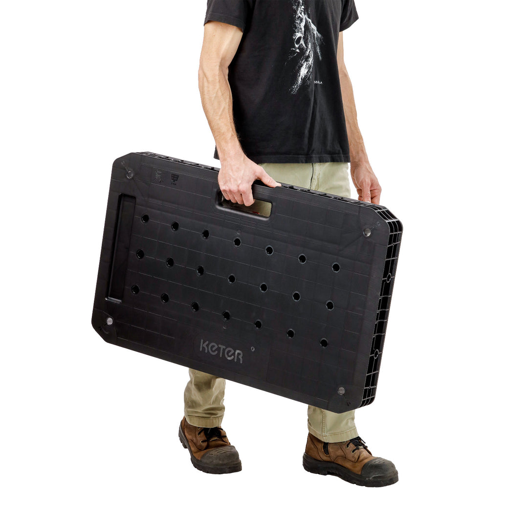 Mesa de trabajo Keter Ultimate, plegable, capacidad de carga de hasta 453 kg, montaje en 30 segundos, amplio espacio de trabajo con orificios de 3/4 pulgadas, portátil, 262936