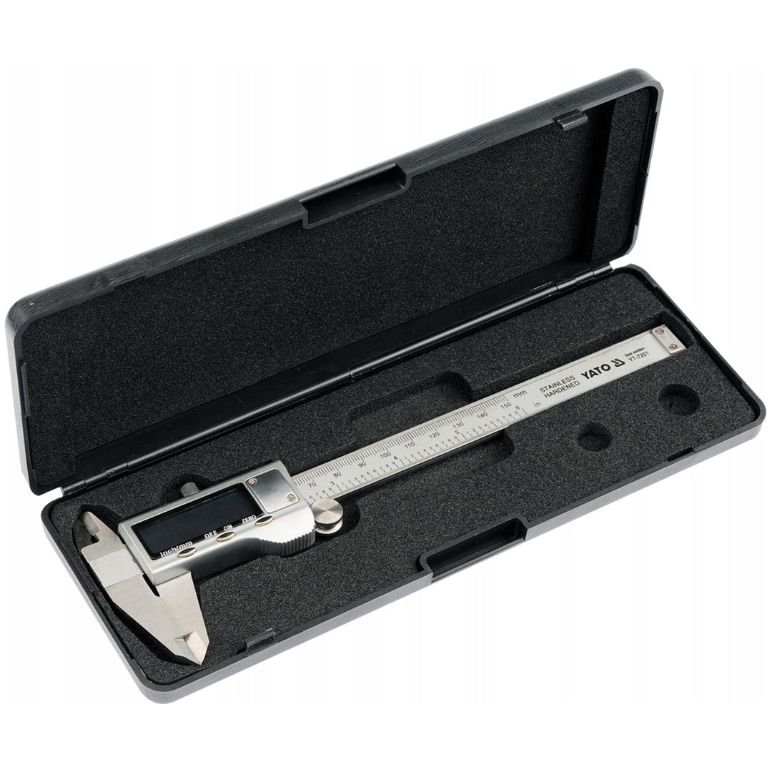 Calibre electrónico Yato, de acero inoxidable, precisión de 0,02 mm, rango de 0 a 150 mm, escala adaptada al sistema métrico y al sistema imperial, YT-7201