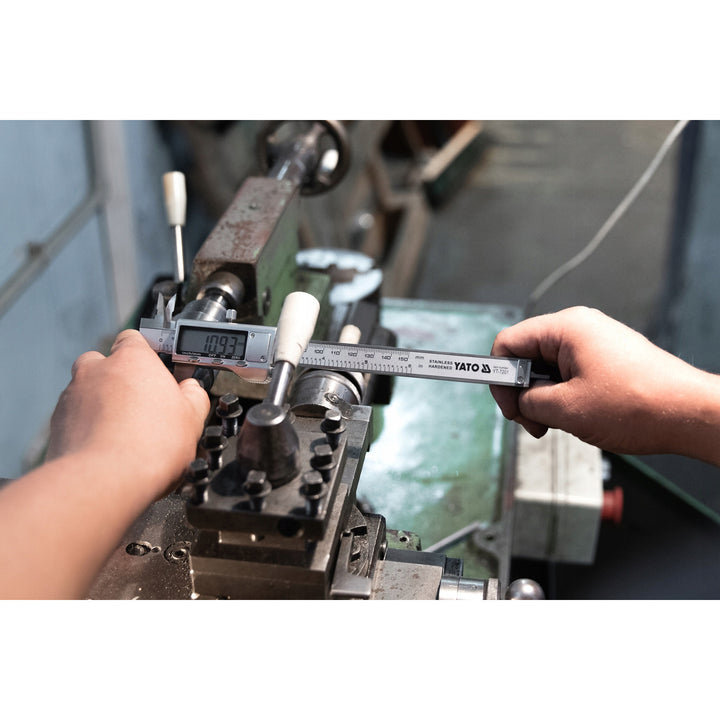 Calibre electrónico Yato, de acero inoxidable, precisión de 0,02 mm, rango de 0 a 150 mm, escala adaptada al sistema métrico y al sistema imperial, YT-7201
