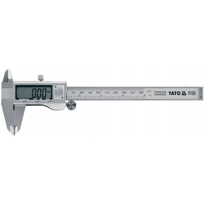Calibre electrónico Yato, de acero inoxidable, precisión de 0,02 mm, rango de 0 a 150 mm, escala adaptada al sistema métrico y al sistema imperial, YT-7201