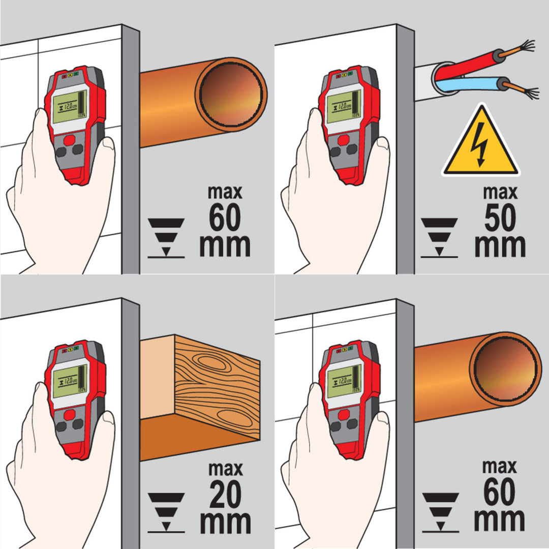 Detector profesional de cables y perfiles Yato, pantalla grande con retroiluminación LED, funda incluida, señal acústica y tres diodos indicadores, ajuste de la potencia de detección, YT-73131