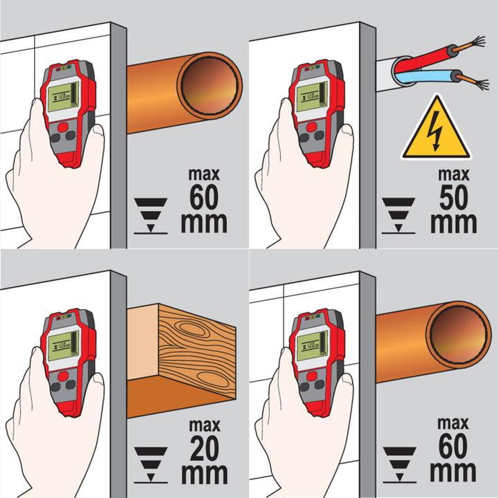 Detector profesional de cables y perfiles Yato, pantalla grande con retroiluminación LED, funda incluida, señal acústica y tres diodos indicadores, ajuste de la potencia de detección, YT-73131