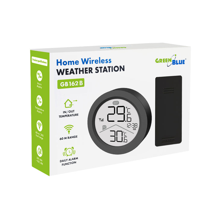 Estación meteorológica inalámbrica GreenBlue, temperatura interior/exterior, reloj, selección entre °C y °F, alcance de hasta 60 m, color negro, GB162 B