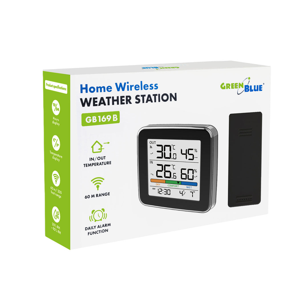 Estación meteorológica inalámbrica GreenBlue, temperatura y humedad interior/exterior, reloj, alarma y fecha, °C / °F, hasta 60 m, negra, GB169 B