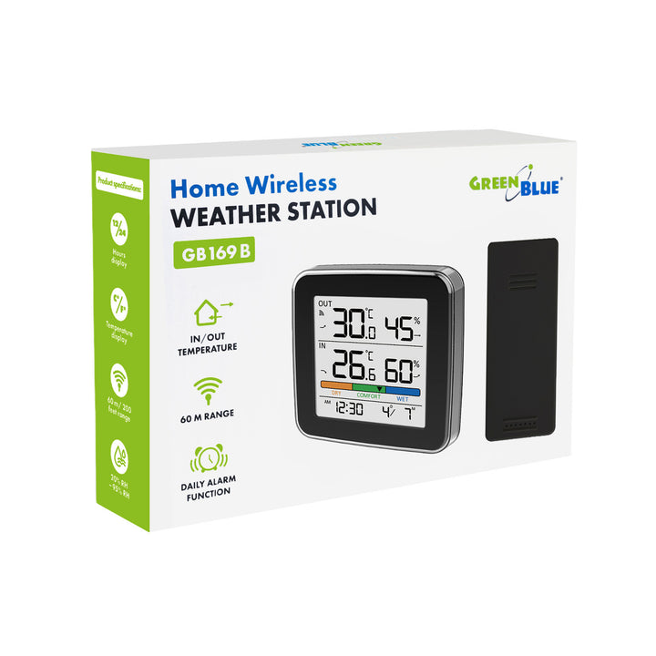 Estación meteorológica inalámbrica GreenBlue, temperatura y humedad interior/exterior, reloj, alarma y fecha, °C / °F, hasta 60 m, negra, GB169 B