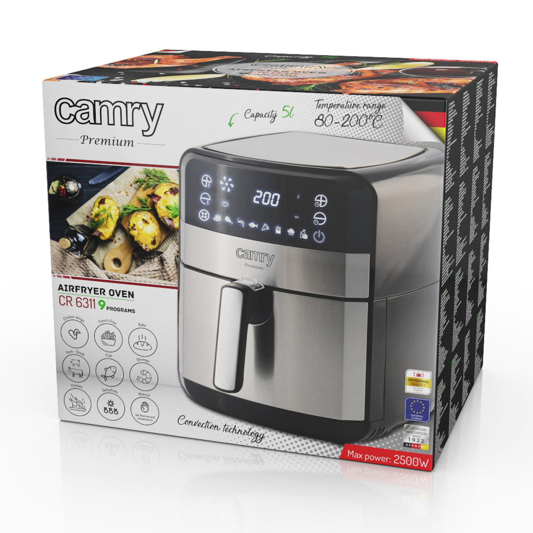 Freidora sin aceite, 9 programas, 5,0 L, Airfryer, Camry CR 6311 + bolsas de papel para freidora, 16 cm, biodegradables, 100 unidades