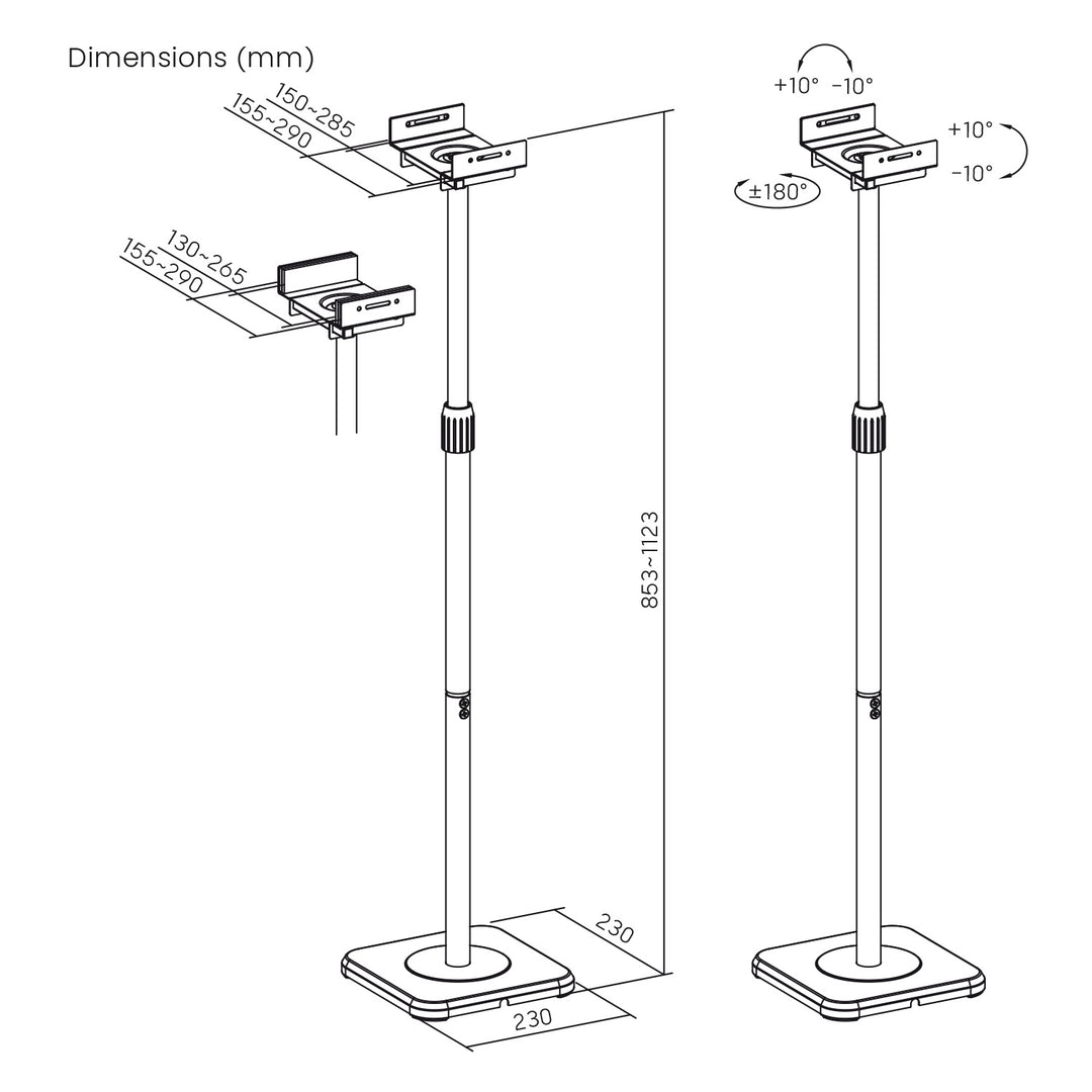 Juego de soportes de suelo para altavoces Maclean, universales, ajuste vertical y horizontal de +10° a -10°, máx. 5 kg, MC-916