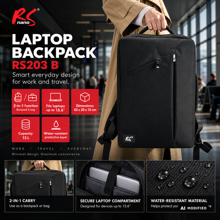 Mochila para portátil NanoRS, 15,6", negra, 43 x 30 x 10, impermeable RS203 B
