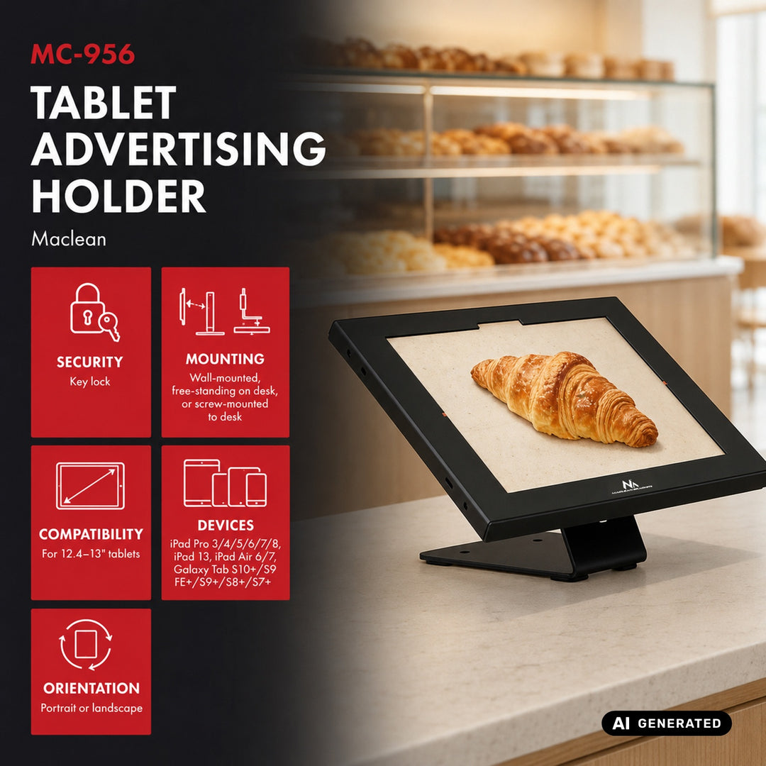 Soporte publicitario para tablet Maclean, con sistema de bloqueo, 12,4"-13", iPad Air/Pro, Samsung Tab S10+/S9+/S8+/S7+, 257 x 350 x 22 mm, MC-956 B