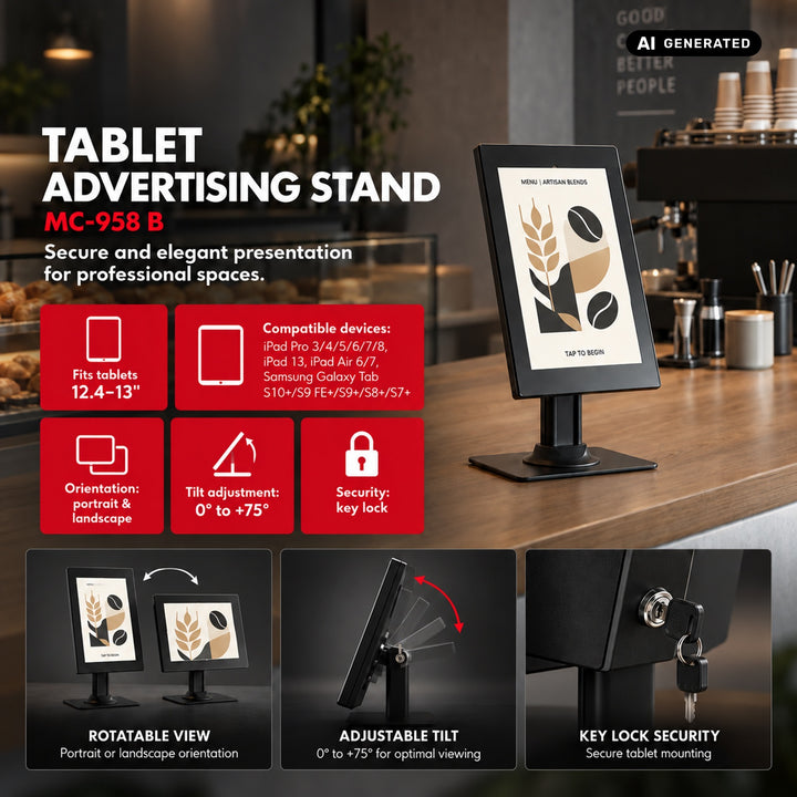 Soporte publicitario para tablet Maclean, con cierre de seguridad. 12,4"-13", iPad Air/Pro, Samsung Tab S10+/S9+/S8+/S7+, 257 x 350 x 22 mm, MC-958 B